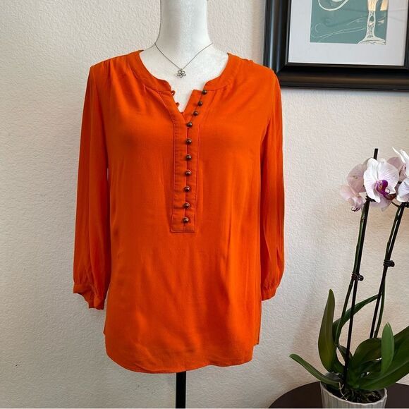 🍋 Banana Republic • Women’s Burnt Orange 3/4Sleeve Blouse w/Gold Buttons Size S - Picture 1 of 12